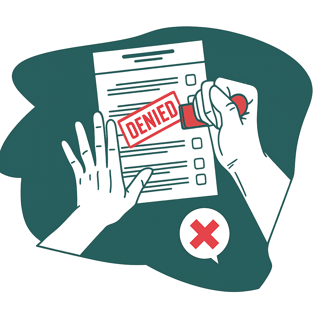 Ilustração de mãos segurando um formulário que está sendo carimbado como 'Negado' (Denied).